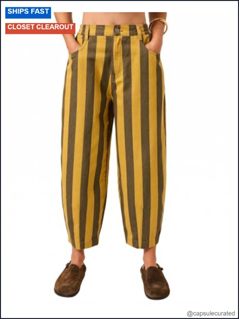 Women Striped Barrel Jeans Elastic Waist Baggy Wide Leg Cropped Ankle Boyfriend